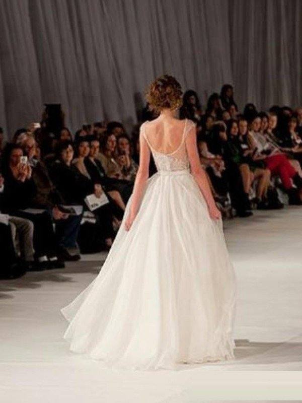 A-line/Princess Scoop Sleeveless Short Sleeves Floor-length Organza Prom Dresses - RongMoon