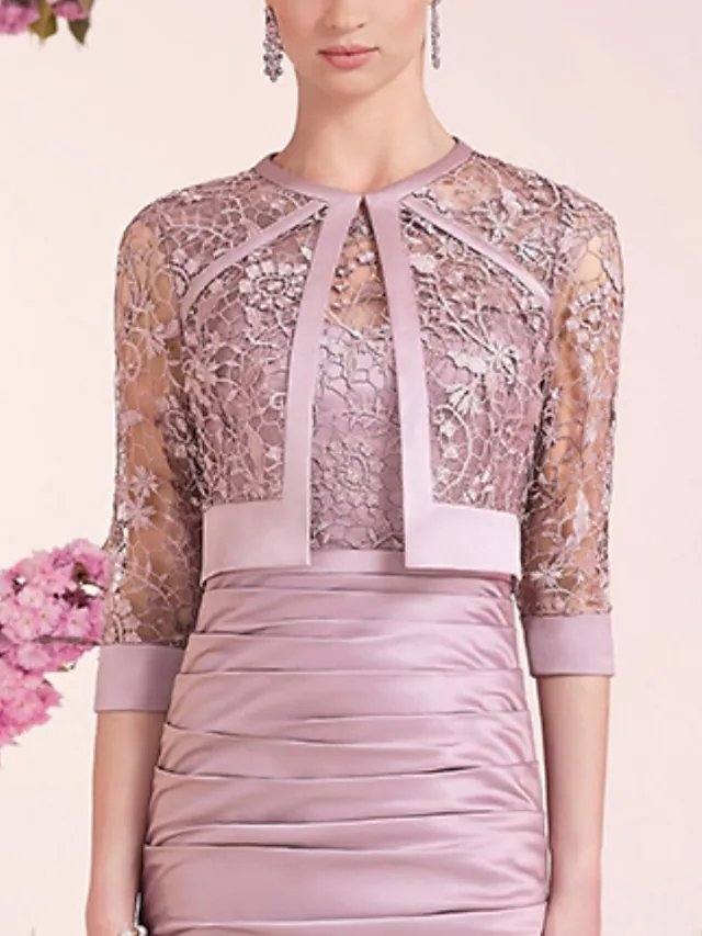 Two Piece Sheath / Column Mother of the Bride Dress Elegant Jewel Neck Knee Length Lace Satin 3/4 Length Sleeve with Appliques Ruching - RongMoon