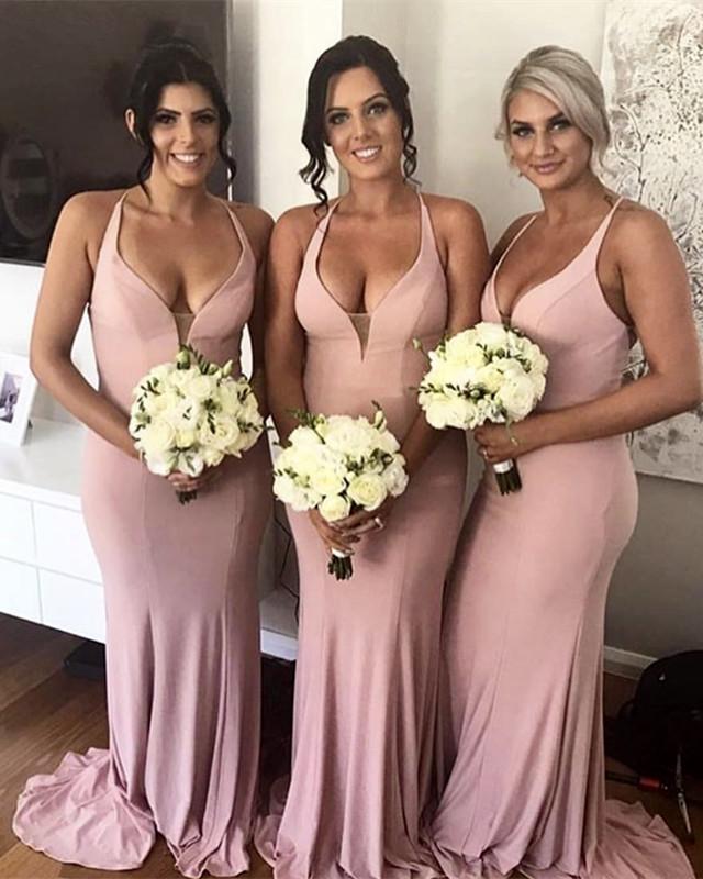 Long Jersey Halter Mermaid Backless Bridesmaid Dresses
