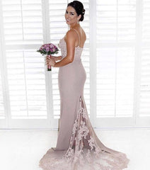 Spaghetti Straps V-neck Long Mermaid Bridesmaid Dresses Lace Appliques