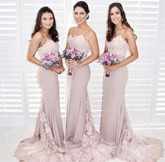 Spaghetti Straps V-neck Long Mermaid Bridesmaid Dresses Lace Appliques