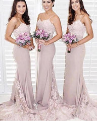 Spaghetti Straps V-neck Long Mermaid Bridesmaid Dresses Lace Appliques