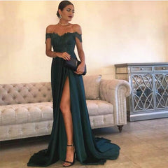 Sexy Leg Slit Long Satin Sweetheart Prom Dresses Lace Off The Shoulder Evening Gowns