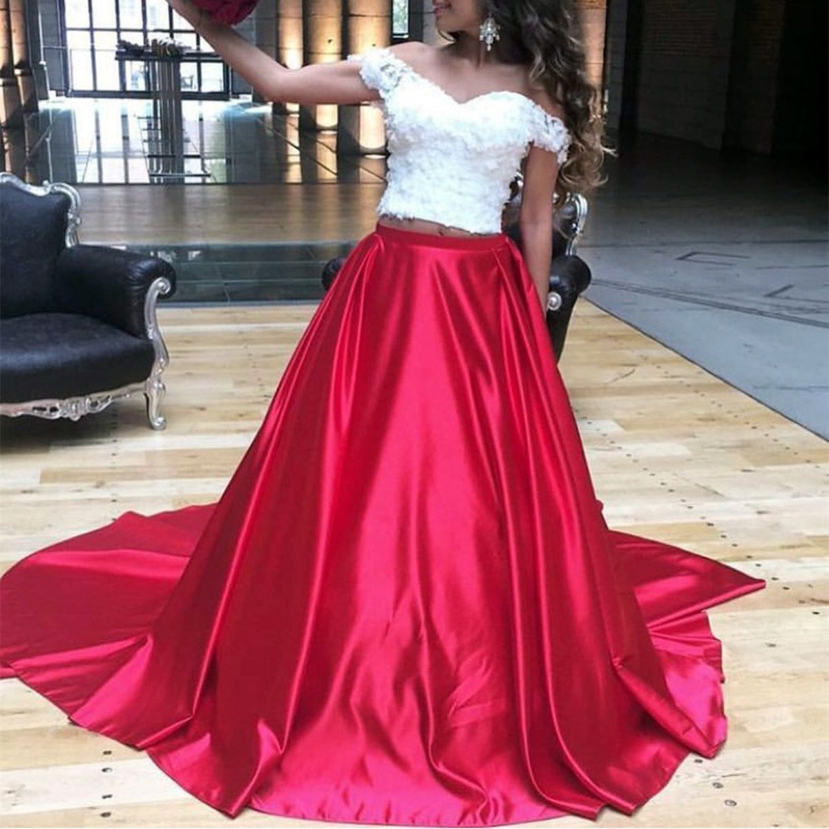 White Lace Crop Long Satin Two Piece Prom Dresses