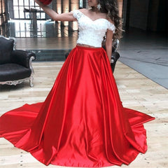 White Lace Crop Long Satin Two Piece Prom Dresses