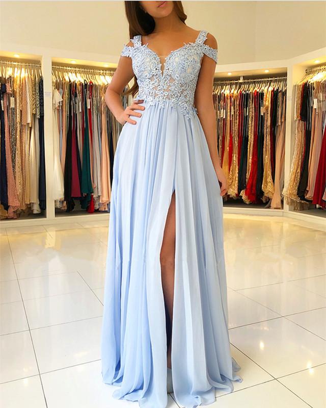 Chiffon Off The Shoulder Prom Dresses Lace Appliques Formal Gowns