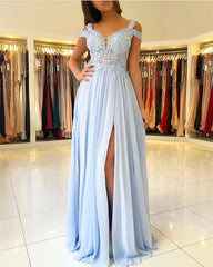 Chiffon Off The Shoulder Prom Dresses Lace Appliques Formal Gowns