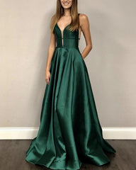 Sexy Long Satin V-neck Corset Prom Evening Dresses