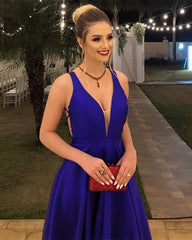 Sexy Plunge Neck Long Satin Cross Back Evening Dresses
