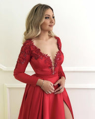 Stylish Embroidery Beaded Long Sleeves Satin Evening Dresses