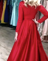 Long Sleeves Prom Dresses V-neck Satin Evening Gowns With Split