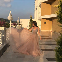 Peach And Grey Tulle V Neck Prom Long Dresses With Sequins Beaded