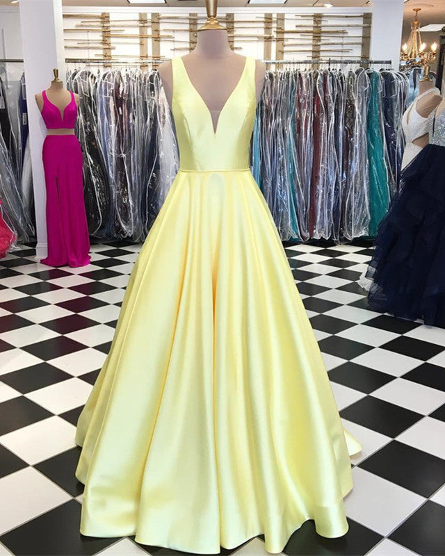 Plunge V-neck Long Satin Ball Gowns Prom Dresses