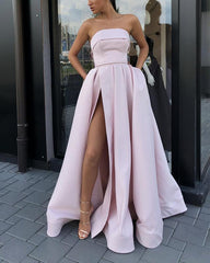 Strapless Bodice Corset Long Satin Split Evening Dresses
