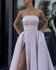 Strapless Bodice Corset Long Satin Split Evening Dresses