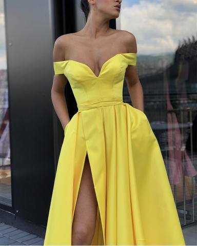 Sexy Split Prom Dresses Long Satin Off Shoulder Evening Gowns - RongMoon