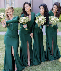 Long Sleeves Open Back Mermaid V-neck Bridesmaid Dresses