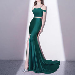 Mermaid Style Long Green Jersey Two Piece Prom Dresses 2018
