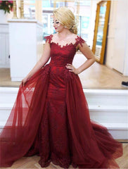 Modest Lace Appliques Cap Sleeves Tulle Mermaid Prom Dresses