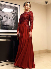 Long Sleeves Floor Length Satin Evening Dresses Sequin Beaded