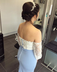 White Lace Long Sleeves Mermaid Evening Dress Off Shoulder Prom Dresses