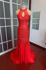 Luxurious Crystal Beaded Halter Mermaid Evening Dresses Leg Split Prom Gowns