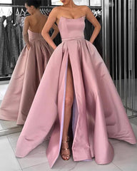 Strapless Bodice Corset Long Satin Leg Split Evening Dresses