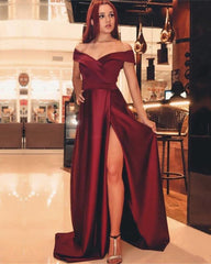 Off-The-Shoulder V-neck Split Long Satin Prom Dresses 2019