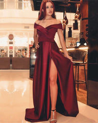 Long Dark Red Evening Dresses 2019 Prom Satin Gowns Leg Split