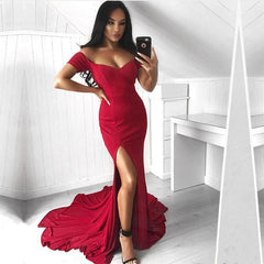 Off The Shoulder V-neck Long Jersey Mermaid Prom Dresses 2018