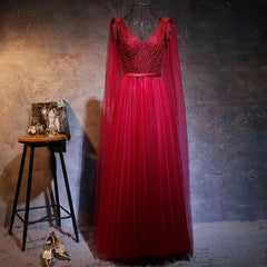 Love Pearl Beaded V Neck Long Burgundy Evening Dresses