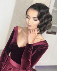 Velvet Long Sleeves Satin Prom Dresses Leg Slit Evening Gowns