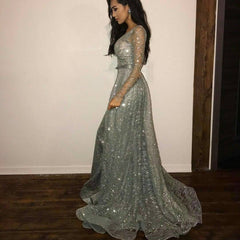 Long Sleeves Silver Sequins Evening Gowns Glitter Prom Dress