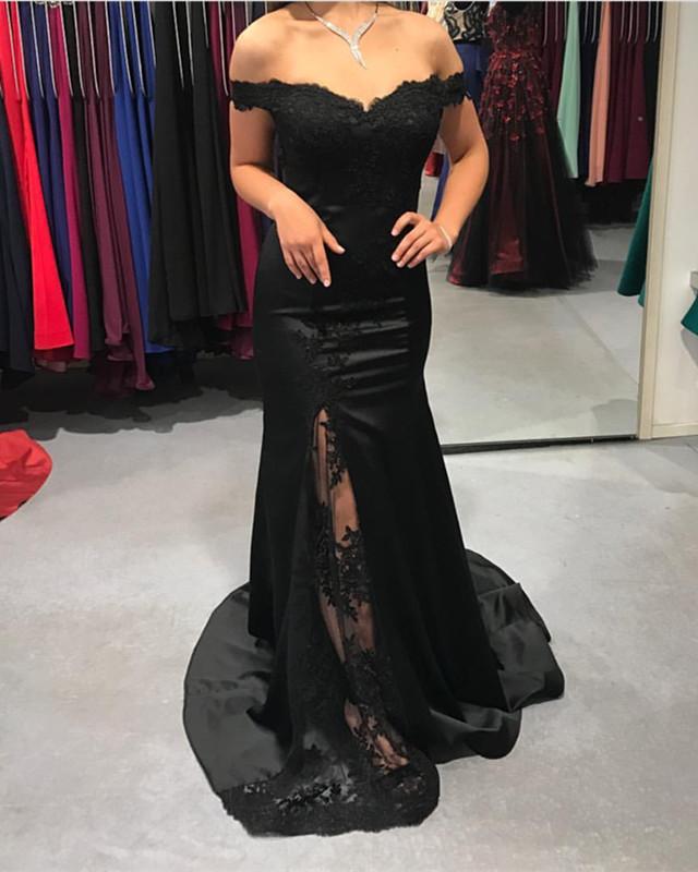 V-neck Off The Shoulder Long Satin Mermaid Formal Dresses Lace Appliques