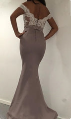 V-neck Off The Shoulder Long Satin Mermaid Formal Dresses Lace Appliques