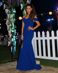 Sexy Off The Shoulder Long Royal Blue Mermaid Evening Dress With Slit