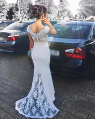 White Lace Appliques V-neck Mermaid Court Train Bridesmaid Dresses