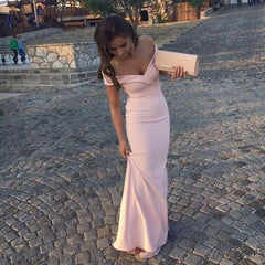 Pearl Pink V-neck Mermaid Off-the-shoulder Prom Dresses 2018 Long