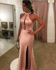 Sexy Long Satin Halter Mermaid Prom Dresses Leg Split Evening Gowns