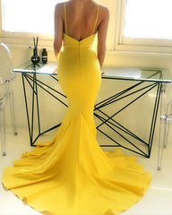 Sexy Plunge Neck Long Satin Open Back Mermaid Prom Dresses