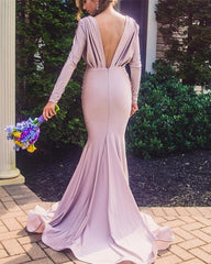 Long Sleeves Open Back Mermaid V-neck Bridesmaid Dresses