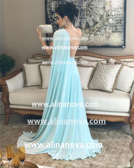 One Shoulder Nude Back Long Chiffon Evening Gowns 2019 Prom Dresses