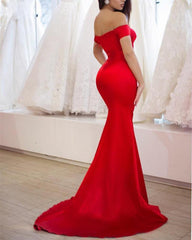 Stylish Square Neckline Long Satin Mermaid Off-Shoulder Prom Dresses