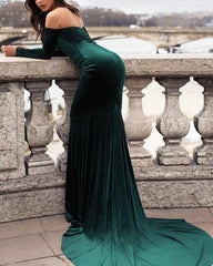 Long Sleeves Mermaid Velvet Prom Dress Off Shoulder Evening Gowns