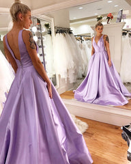 Plunge V-neck Long Satin Ball Gowns Prom Dresses