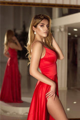 Long Satin V-neck Prom Dresses Double Split Party Gowns