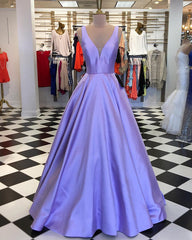 Plunge V-neck Long Satin Ball Gowns Prom Dresses