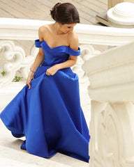 Royal Blue Long Satin V-neck Evening Gowns Off Shoulder Prom Dresses With Flowers