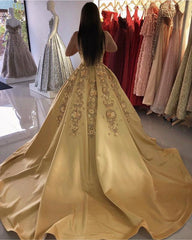 3D Lace Flowers Embroidery Satin Ball Gown Dresses