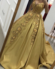 3D Lace Flowers Embroidery Satin Ball Gown Dresses